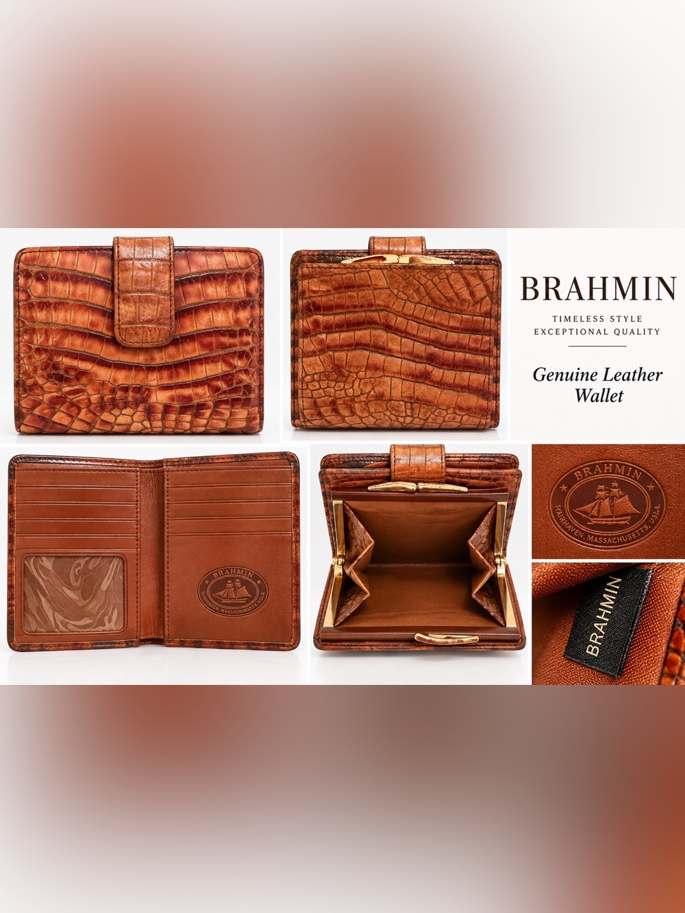 Brahmin Brown Croc Embossed Leather Bifold Wallet Kiss Lock Coin Purse